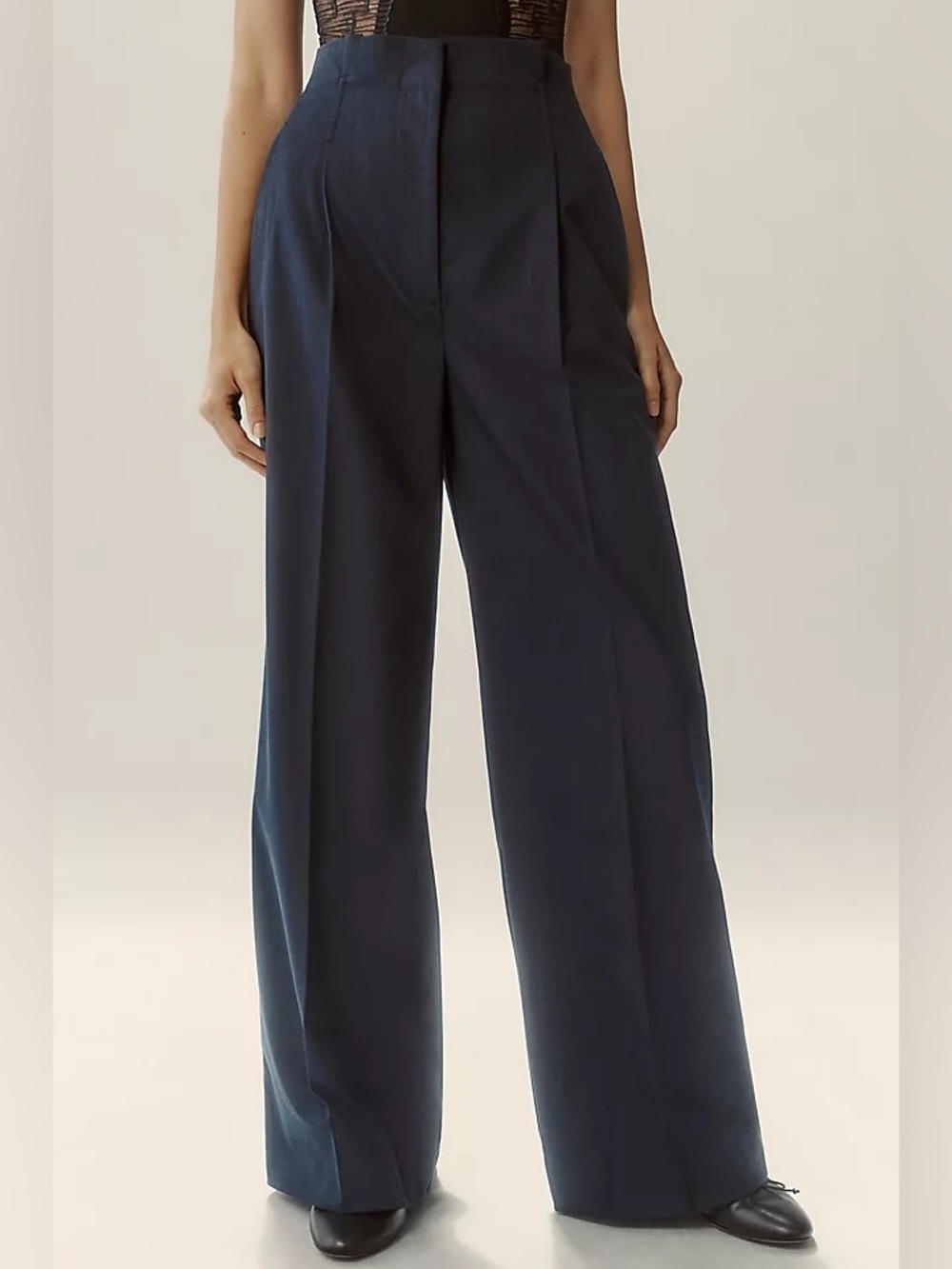 Anthropologie Maeve Hollywood Tailored Trouser Navy Pinstripe Wide Leg Size 14